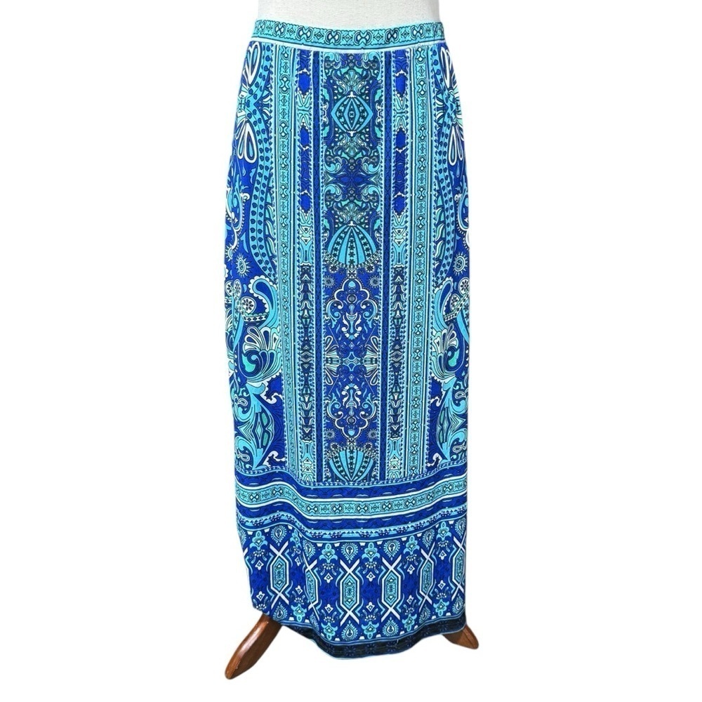 Avenue Blue Maxi Skirt Abstract Geometric Sz‎ 14/16 Turquoise Y2K Stretch